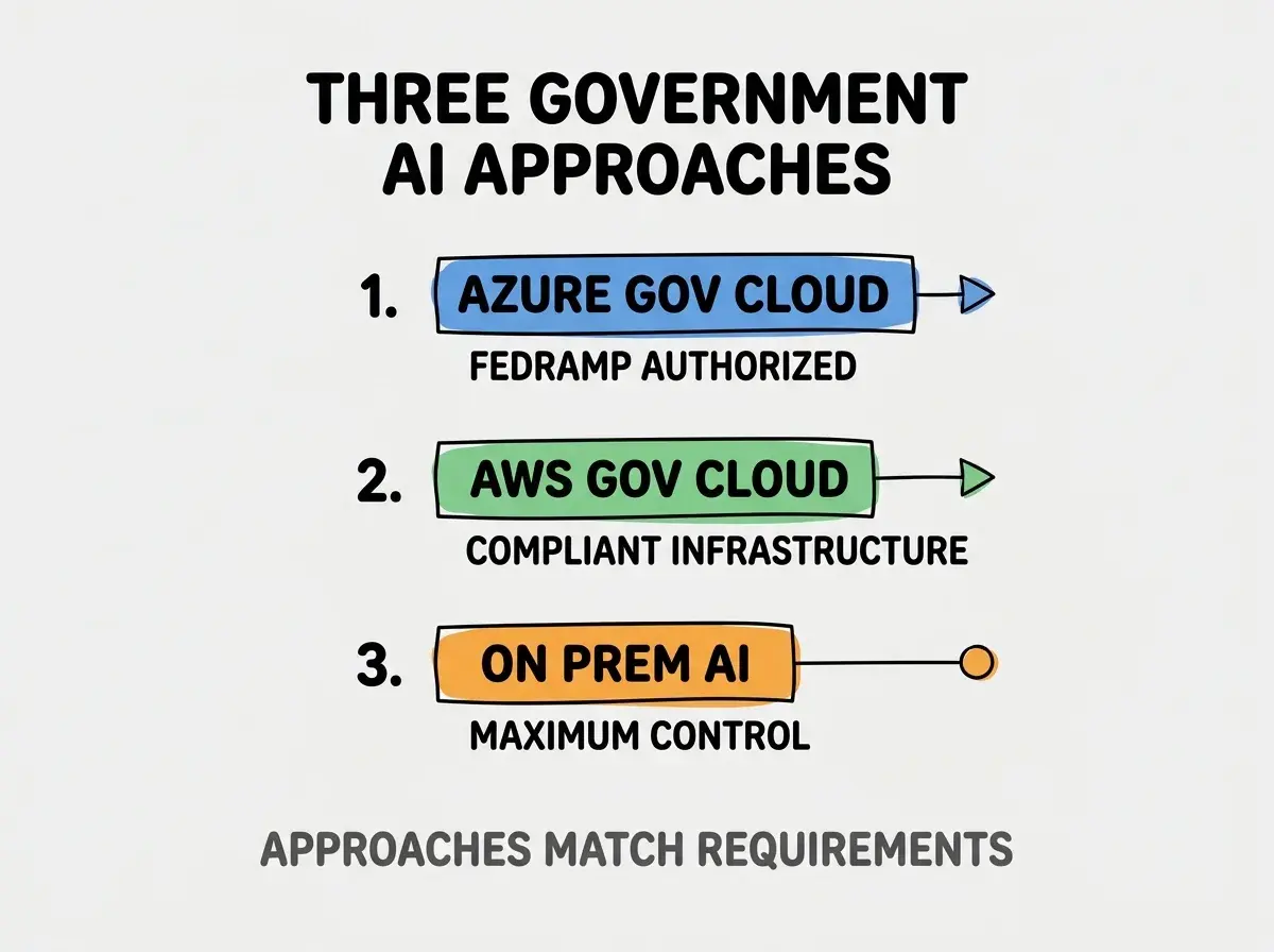 Clean modern flat infographic on light gray background. Top title bold black: THREE GOVERNMENT AI APPROACHES. Single vertical numbered list with three rows. Row 1 blue badge AZURE GOV CLOUD with subtitle FEDRAMP AUTHORIZED. Row 2 green badge AWS GOV CLOUD with subtitle COMPLIANT INFRASTRUCTURE. Row 3 orange badge ON PREM AI with subtitle MAXIMUM CONTROL. Footer text dark gray: APPROACHES MATCH REQUIREMENTS. Each label appears exactly once. No duplicated text.