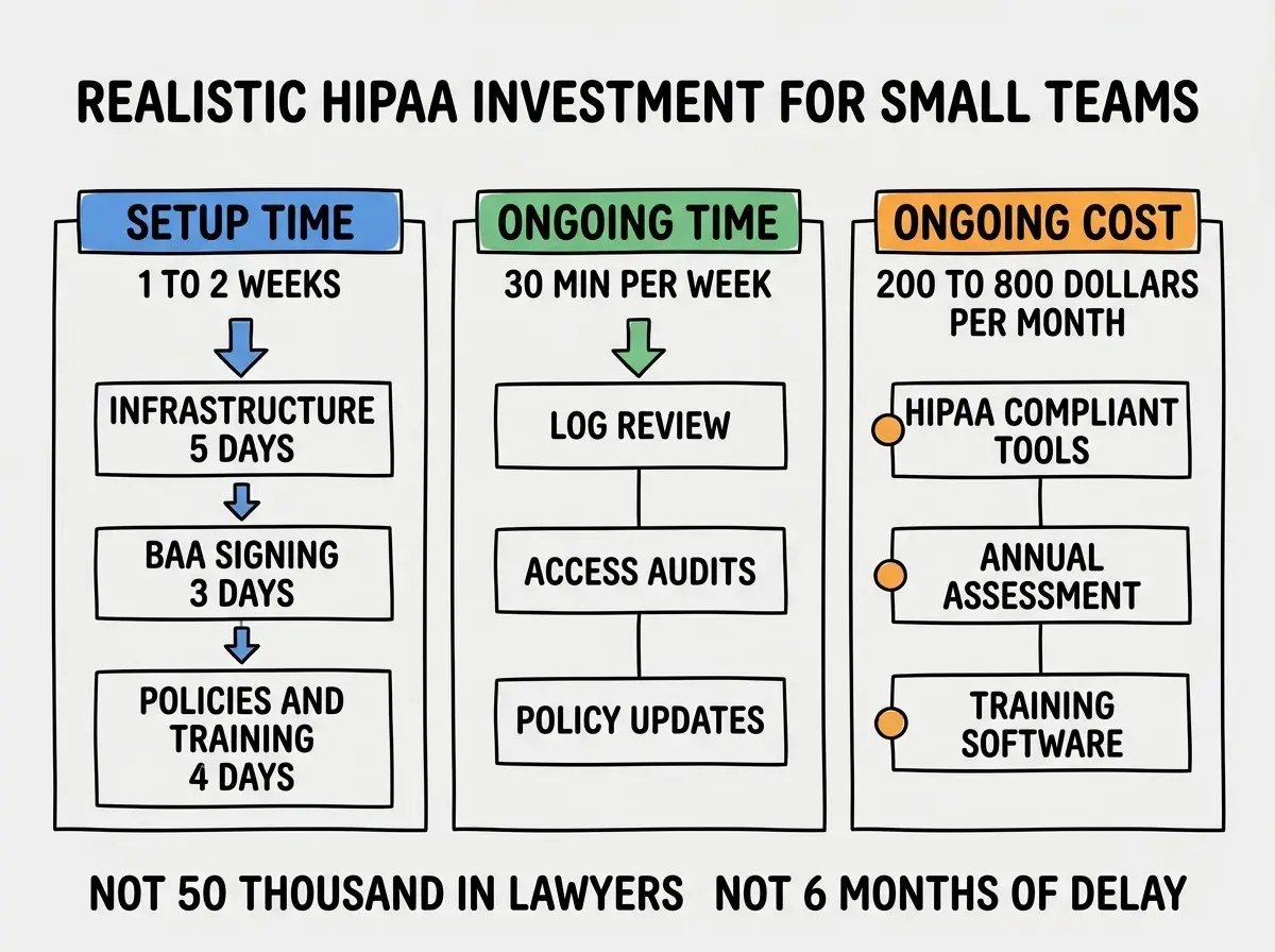 EXPLAINER DIAGRAM titled REALISTIC HIPAA INVESTMENT FOR SMALL TEAMS shown as a horizontal three-panel breakdown on a slate background. Panel 1 colored blue header SETUP TIME sublabel 1 TO 2 WEEKS, items INFRASTRUCTURE 5 DAYS, BAA SIGNING 3 DAYS, POLICIES AND TRAINING 4 DAYS. Panel 2 colored green header ONGOING TIME sublabel 30 MIN PER WEEK, items LOG REVIEW, ACCESS AUDITS, POLICY UPDATES. Panel 3 colored orange header ONGOING COST sublabel 200 TO 800 DOLLARS PER MONTH, items HIPAA COMPLIANT TOOLS, ANNUAL ASSESSMENT, TRAINING SOFTWARE. Footer reads NOT 50 THOUSAND IN LAWYERS NOT 6 MONTHS OF DELAY.