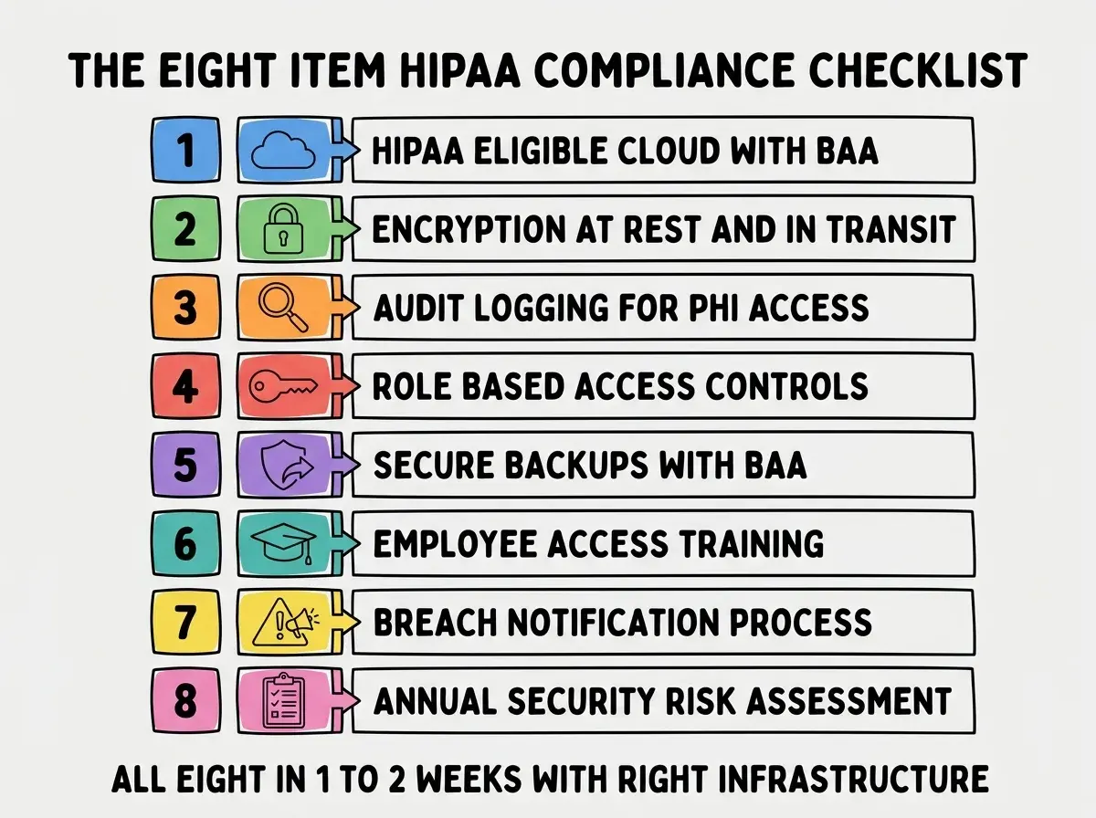 EXPLAINER DIAGRAM titled THE EIGHT ITEM HIPAA COMPLIANCE CHECKLIST shown as a vertical numbered list on a slate background. Eight rows. Row 1 blue HIPAA ELIGIBLE CLOUD WITH BAA. Row 2 green ENCRYPTION AT REST AND IN TRANSIT. Row 3 orange AUDIT LOGGING FOR PHI ACCESS. Row 4 red ROLE BASED ACCESS CONTROLS. Row 5 purple SECURE BACKUPS WITH BAA. Row 6 teal EMPLOYEE ACCESS TRAINING. Row 7 yellow BREACH NOTIFICATION PROCESS. Row 8 pink ANNUAL SECURITY RISK ASSESSMENT. Footer reads ALL EIGHT IN 1 TO 2 WEEKS WITH RIGHT INFRASTRUCTURE.