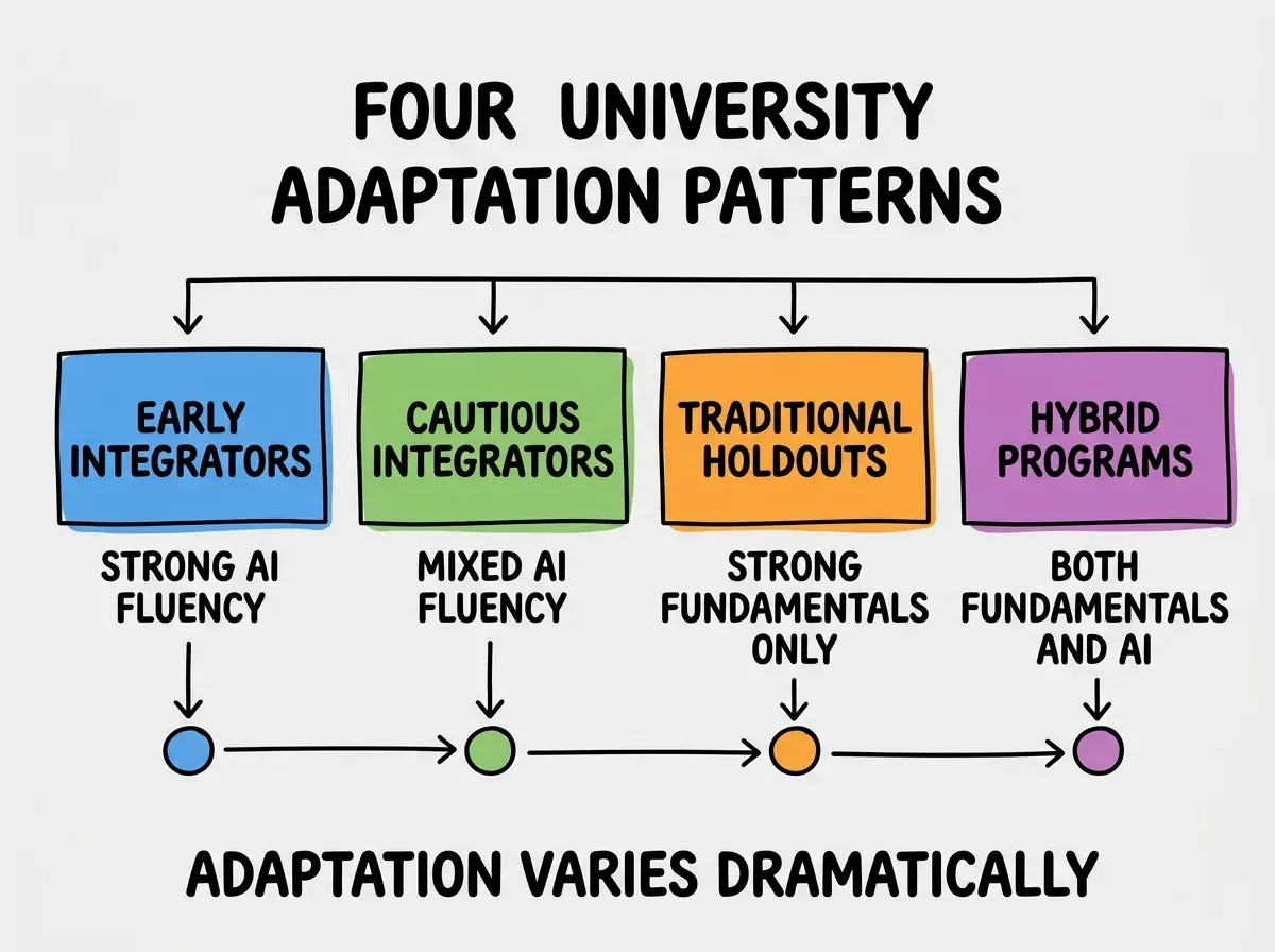 EXPLAINER DIAGRAM titled FOUR UNIVERSITY ADAPTATION PATTERNS shown as a horizontal four-column chart on a slate background. Column 1 colored blue EARLY INTEGRATORS label STRONG AI FLUENCY. Column 2 colored green CAUTIOUS INTEGRATORS label MIXED AI FLUENCY. Column 3 colored orange TRADITIONAL HOLDOUTS label STRONG FUNDAMENTALS ONLY. Column 4 colored purple HYBRID PROGRAMS label BOTH FUNDAMENTALS AND AI. Footer reads ADAPTATION VARIES DRAMATICALLY.