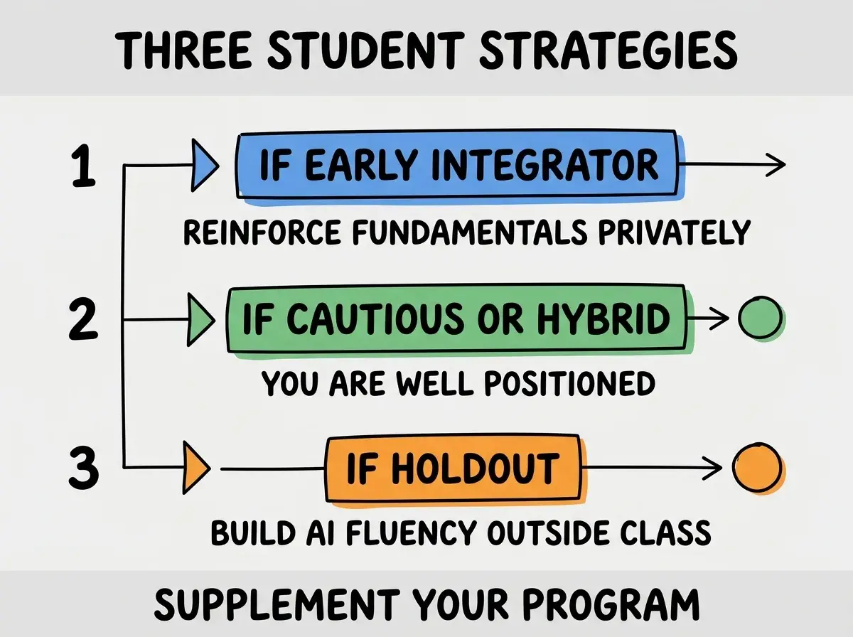 EXPLAINER DIAGRAM titled THREE STUDENT STRATEGIES shown as a vertical numbered list on a slate background. Three rows. Row 1 blue badge IF EARLY INTEGRATOR sublabel REINFORCE FUNDAMENTALS PRIVATELY. Row 2 green badge IF CAUTIOUS OR HYBRID sublabel YOU ARE WELL POSITIONED. Row 3 orange badge IF HOLDOUT sublabel BUILD AI FLUENCY OUTSIDE CLASS. Footer reads SUPPLEMENT YOUR PROGRAM. CRITICAL: each label appears only ONCE.