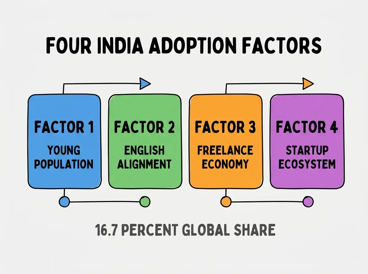Clean modern flat infographic on light gray background. Top center bold black title text: FOUR INDIA ADOPTION FACTORS. Below title, four equal sized colored rounded rectangle cards arranged horizontally. Card 1 blue: large bold text FACTOR 1 then smaller text YOUNG POPULATION. Card 2 green: large bold text FACTOR 2 then smaller text ENGLISH ALIGNMENT. Card 3 orange: large bold text FACTOR 3 then smaller text FREELANCE ECONOMY. Card 4 purple: large bold text FACTOR 4 then smaller text STARTUP ECOSYSTEM. Single footer line below cards in dark gray text: 16.7 PERCENT GLOBAL SHARE. Nothing else on canvas. No text outside cards or below cards.
