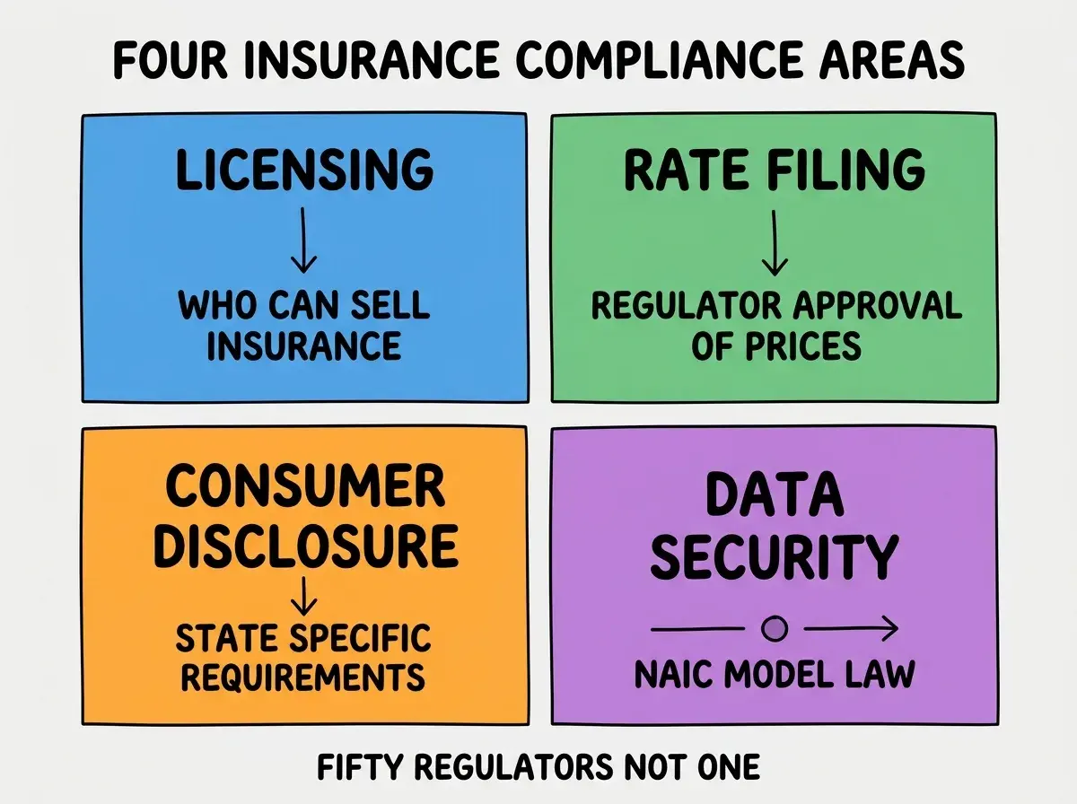 EXPLAINER DIAGRAM titled FOUR INSURANCE COMPLIANCE AREAS shown as a 2x2 grid of quadrants on a slate background. Top left blue LICENSING sublabel WHO CAN SELL INSURANCE. Top right green RATE FILING sublabel REGULATOR APPROVAL OF PRICES. Bottom left orange CONSUMER DISCLOSURE sublabel STATE SPECIFIC REQUIREMENTS. Bottom right purple DATA SECURITY sublabel NAIC MODEL LAW. Center label reads ALL FOUR ARE STATE REGULATED. Footer reads FIFTY REGULATORS NOT ONE.