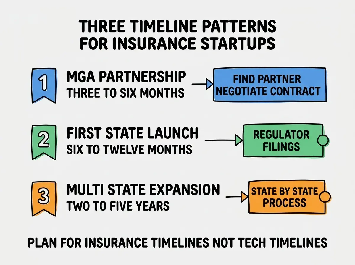 EXPLAINER DIAGRAM titled THREE TIMELINE PATTERNS FOR INSURANCE STARTUPS shown as a vertical numbered list on a slate background. Three rows. Row 1 blue badge MGA PARTNERSHIP THREE TO SIX MONTHS sublabel FIND PARTNER NEGOTIATE CONTRACT. Row 2 green badge FIRST STATE LAUNCH SIX TO TWELVE MONTHS sublabel REGULATOR FILINGS. Row 3 orange badge MULTI STATE EXPANSION TWO TO FIVE YEARS sublabel STATE BY STATE PROCESS. Footer reads PLAN FOR INSURANCE TIMELINES NOT TECH TIMELINES.