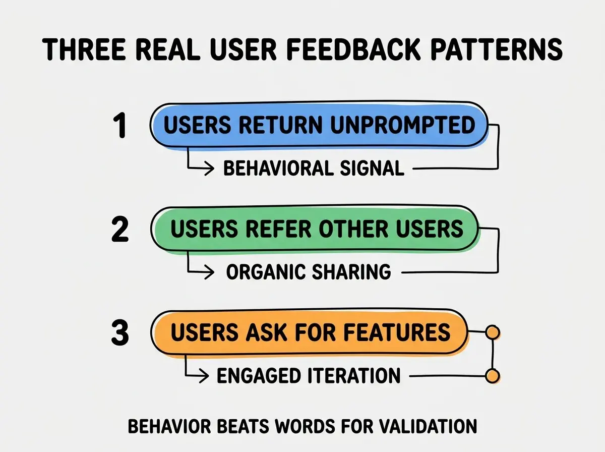 EXPLAINER DIAGRAM titled THREE REAL USER FEEDBACK PATTERNS shown as a vertical numbered list on a slate background. Three rows. Row 1 blue badge USERS RETURN UNPROMPTED sublabel BEHAVIORAL SIGNAL. Row 2 green badge USERS REFER OTHER USERS sublabel ORGANIC SHARING. Row 3 orange badge USERS ASK FOR FEATURES sublabel ENGAGED ITERATION. Footer reads BEHAVIOR BEATS WORDS FOR VALIDATION.