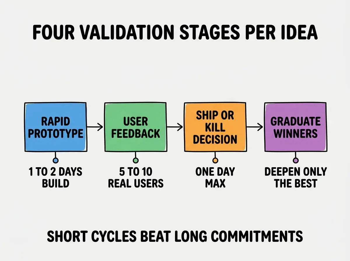 EXPLAINER DIAGRAM titled FOUR VALIDATION STAGES PER IDEA shown as a horizontal four-stage pipeline on a slate background. Stage 1 colored blue RAPID PROTOTYPE sublabel 1 TO 2 DAYS BUILD. Stage 2 colored green USER FEEDBACK sublabel 5 TO 10 REAL USERS. Stage 3 colored orange SHIP OR KILL DECISION sublabel ONE DAY MAX. Stage 4 colored purple GRADUATE WINNERS sublabel DEEPEN ONLY THE BEST. Footer reads SHORT CYCLES BEAT LONG COMMITMENTS.
