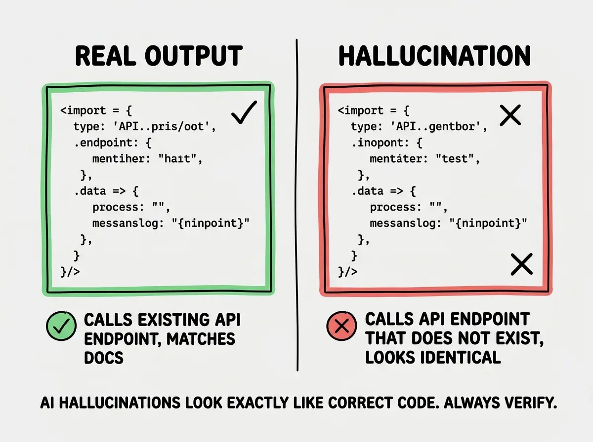 EXPLAINER DIAGRAM: A two-column comparison chart. Left column labeled REAL OUTPUT has a green border and shows a code snippet with a checkmark and the text CALLS EXISTING API ENDPOINT, MATCHES DOCS. Right column labeled HALLUCINATION has a red border and shows a similar-looking code snippet with an X mark and the text CALLS API ENDPOINT THAT DOES NOT EXIST, LOOKS IDENTICAL. Below both columns a warning label reads AI HALLUCINATIONS LOOK EXACTLY LIKE CORRECT CODE. ALWAYS VERIFY.