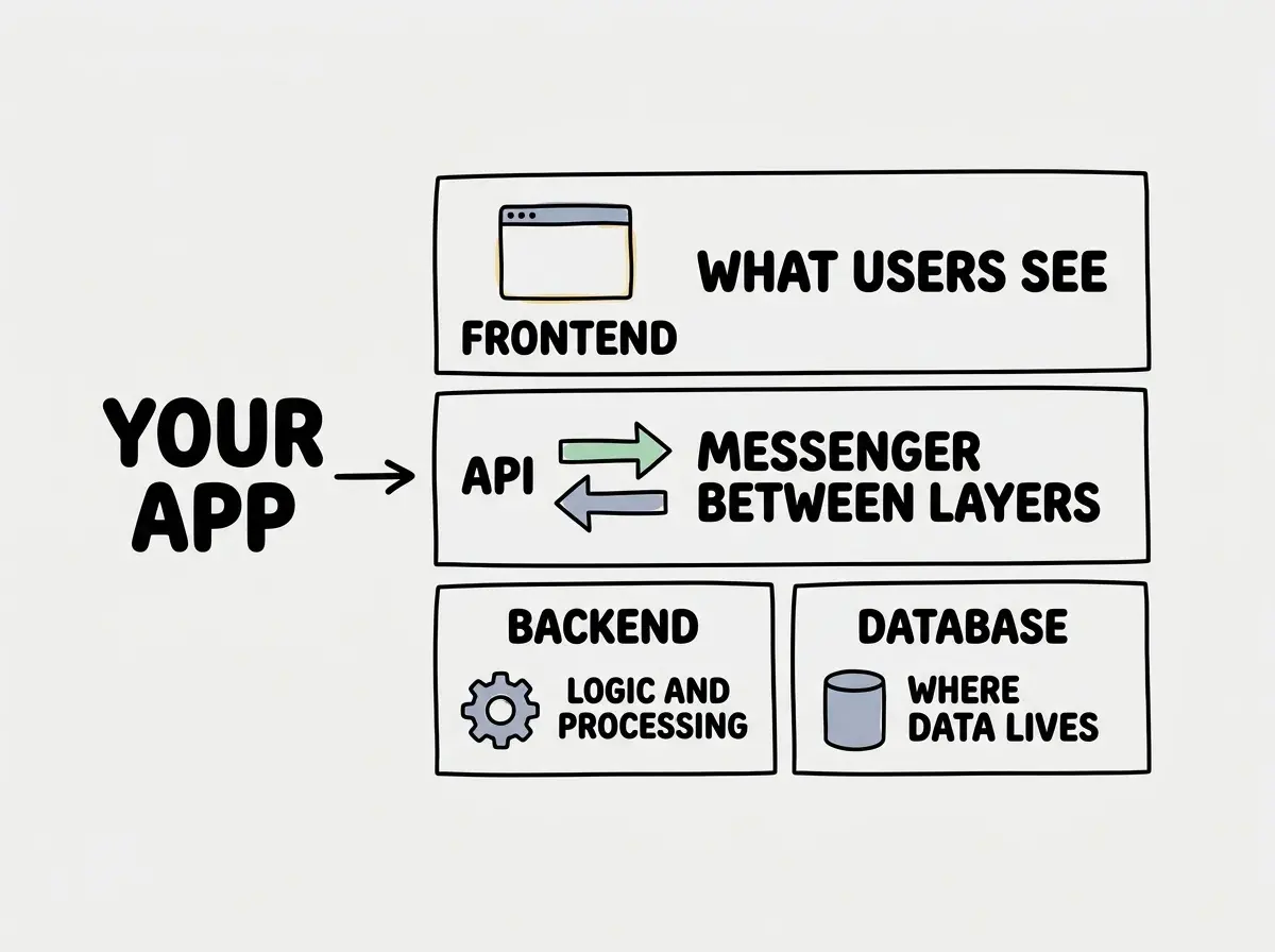 EXPLAINER DIAGRAM: A layered architecture view with three horizontal tiers. The top tier is labeled FRONTEND showing a browser window icon with the words WHAT USERS SEE. The middle tier is labeled API showing bidirectional arrows connecting the top and bottom tiers with the words MESSENGER BETWEEN LAYERS. The bottom tier is split into two boxes, one labeled BACKEND with a gear icon and the words LOGIC AND PROCESSING, and one labeled DATABASE with a cylinder icon and the words WHERE DATA LIVES. A side label reads YOUR APP pointing to the entire stack.