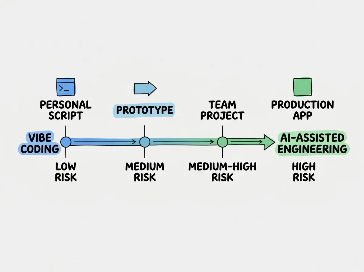 EXPLAINER DIAGRAM: A horizontal spectrum bar at the top running from VIBE CODING on the left (colored blue) to AI-ASSISTED ENGINEERING on the right (colored green). Below the spectrum, four project types are positioned along it with vertical dotted lines connecting them to their position on the bar. From left to right they read PERSONAL SCRIPT near the vibe coding end, PROTOTYPE slightly left of center, TEAM PROJECT slightly right of center, and PRODUCTION APP near the engineering end. Below each project type a label shows the risk level as LOW RISK, MEDIUM RISK, MEDIUM-HIGH RISK, and HIGH RISK respectively.