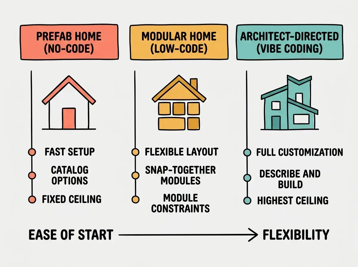 EXPLAINER DIAGRAM: Three columns on a white background. Left column with coral header PREFAB HOME (NO-CODE) showing a simple house icon with three labeled traits below: FAST SETUP, CATALOG OPTIONS, FIXED CEILING. Middle column with amber header MODULAR HOME (LOW-CODE) showing a house made of visible blocks with three traits: FLEXIBLE LAYOUT, SNAP-TOGETHER MODULES, MODULE CONSTRAINTS. Right column with teal header ARCHITECT-DIRECTED (VIBE CODING) showing a detailed custom house with three traits: FULL CUSTOMIZATION, DESCRIBE AND BUILD, HIGHEST CEILING. A horizontal arrow runs beneath all three columns from left to right labeled EASE OF START on the left end and FLEXIBILITY on the right end.