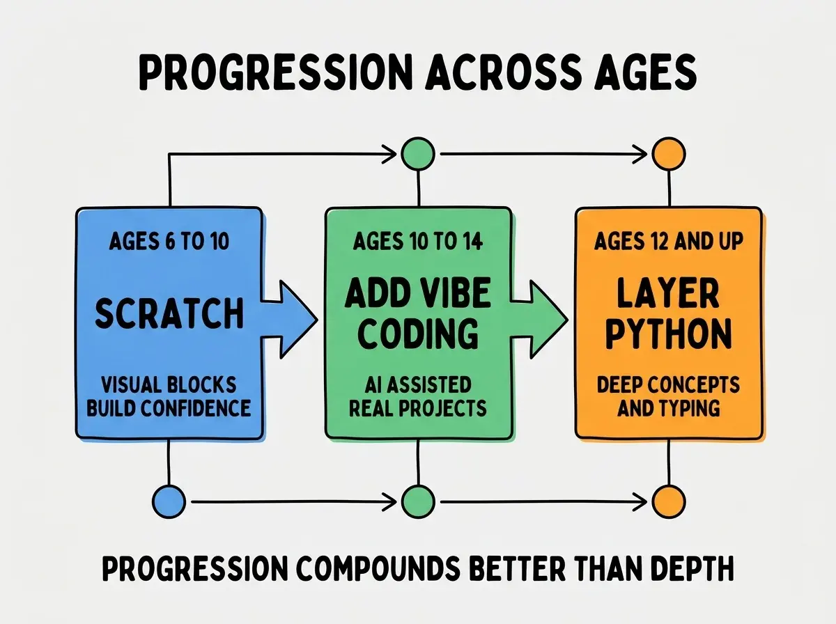 EXPLAINER DIAGRAM titled PROGRESSION ACROSS AGES shown as a horizontal three-stage pipeline on a slate background. Stage 1 colored blue AGES 6 TO 10 SCRATCH sublabel VISUAL BLOCKS BUILD CONFIDENCE. Stage 2 colored green AGES 10 TO 14 ADD VIBE CODING sublabel AI ASSISTED REAL PROJECTS. Stage 3 colored orange AGES 12 AND UP LAYER PYTHON sublabel DEEP CONCEPTS AND TYPING. Footer reads PROGRESSION COMPOUNDS BETTER THAN DEPTH.