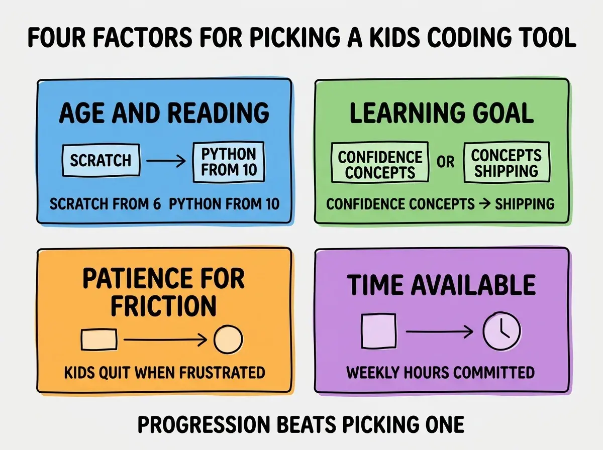 EXPLAINER DIAGRAM titled FOUR FACTORS FOR PICKING A KIDS CODING TOOL shown as a 2x2 grid of quadrants on a slate background. Top left blue AGE AND READING sublabel SCRATCH FROM 6 PYTHON FROM 10. Top right green LEARNING GOAL sublabel CONFIDENCE CONCEPTS OR SHIPPING. Bottom left orange PATIENCE FOR FRICTION sublabel KIDS QUIT WHEN FRUSTRATED. Bottom right purple TIME AVAILABLE sublabel WEEKLY HOURS COMMITTED. Center label reads MATCH TOOL TO CHILD NOT IDEAL. Footer reads PROGRESSION BEATS PICKING ONE.