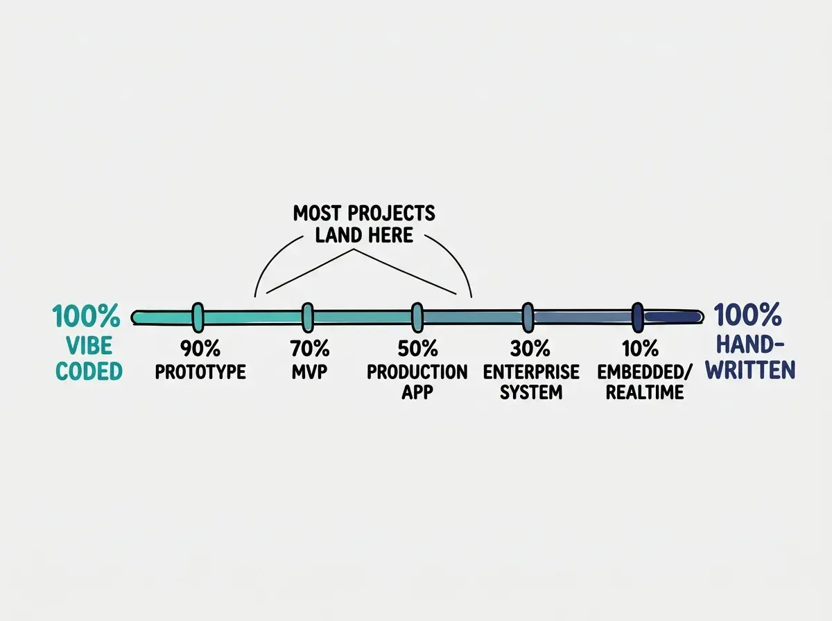 EXPLAINER DIAGRAM: A horizontal spectrum bar. The far left is labeled 100% VIBE CODED in teal, the far right is labeled 100% HAND-WRITTEN in navy. Five markers along the spectrum from left to right with labels below each: PROTOTYPE at 90% vibe coded, MVP at 70%, PRODUCTION APP at 50%, ENTERPRISE SYSTEM at 30%, and EMBEDDED/REALTIME at 10%. An arc above the spectrum labeled MOST PROJECTS LAND HERE brackets the 40-70% range in the middle.