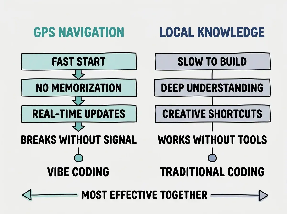 EXPLAINER DIAGRAM: Two columns side by side. Left column header GPS NAVIGATION in teal with four rows of paired icon and text: FAST START, NO MEMORIZATION, REAL-TIME UPDATES, BREAKS WITHOUT SIGNAL. Right column header LOCAL KNOWLEDGE in navy with four rows: SLOW TO BUILD, DEEP UNDERSTANDING, CREATIVE SHORTCUTS, WORKS WITHOUT TOOLS. Below the columns, two labels: VIBE CODING under the left and TRADITIONAL CODING under the right. A horizontal arrow at the bottom labeled MOST EFFECTIVE TOGETHER connects both sides.