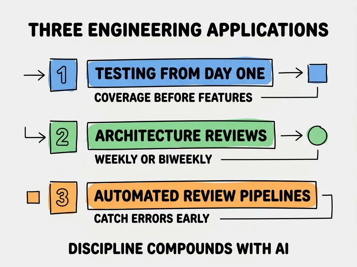 EXPLAINER DIAGRAM titled THREE ENGINEERING APPLICATIONS shown as a vertical numbered list on a slate background. Three rows. Row 1 blue badge TESTING FROM DAY ONE sublabel COVERAGE BEFORE FEATURES. Row 2 green badge ARCHITECTURE REVIEWS sublabel WEEKLY OR BIWEEKLY. Row 3 orange badge AUTOMATED REVIEW PIPELINES sublabel CATCH ERRORS EARLY. Footer reads DISCIPLINE COMPOUNDS WITH AI. CRITICAL: each label appears only ONCE.