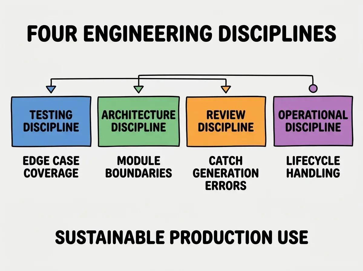 EXPLAINER DIAGRAM titled FOUR ENGINEERING DISCIPLINES shown as a horizontal four-column chart on a slate background. Column 1 colored blue TESTING DISCIPLINE label EDGE CASE COVERAGE. Column 2 colored green ARCHITECTURE DISCIPLINE label MODULE BOUNDARIES. Column 3 colored orange REVIEW DISCIPLINE label CATCH GENERATION ERRORS. Column 4 colored purple OPERATIONAL DISCIPLINE label LIFECYCLE HANDLING. Footer reads SUSTAINABLE PRODUCTION USE.