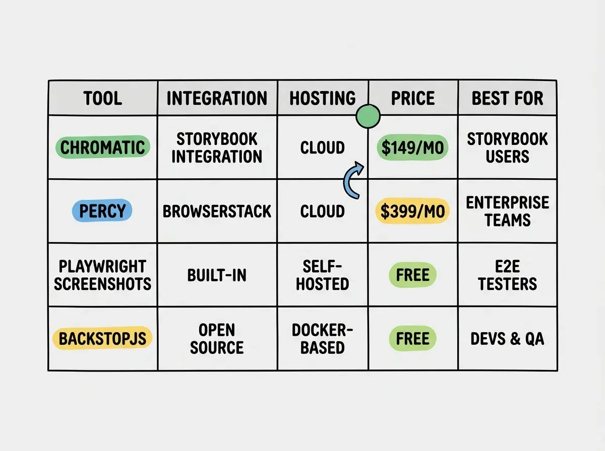 EXPLAINER DIAGRAM: A vertical flow chart showing the baseline management lifecycle. Step 1 labeled GENERATE BASELINE shows a terminal running playwright test --update-snapshots inside a Docker container. An arrow points down to Step 2 labeled COMMIT SCREENSHOTS showing a git diff with two PNG files added. An arrow points down to Step 3 labeled RUN IN CI showing a CI pipeline running the same Docker image, with two branches: a green path labeled MATCH (merge allowed) and a red path labeled DIFF DETECTED (merge blocked, shows diff image). A note beside the red path reads: intentional change? update baseline and re-commit.