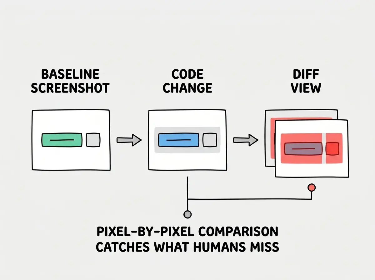 EXPLAINER DIAGRAM: A horizontal comparison showing three test types side by side. Left column labeled UNIT TESTS shows a function with input and output, a checkmark for logic bugs, and an X for visual bugs. Middle column labeled END-TO-END TESTS shows a browser with a user flow, a checkmark for broken flows, and an X for layout regressions. Right column labeled VISUAL REGRESSION TESTS shows two screenshots with a diff overlay, a checkmark for visual bugs, a checkmark for layout shifts, and a checkmark for unintended style changes. A highlighted callout beneath reads: Only visual regression tests see what the user sees.