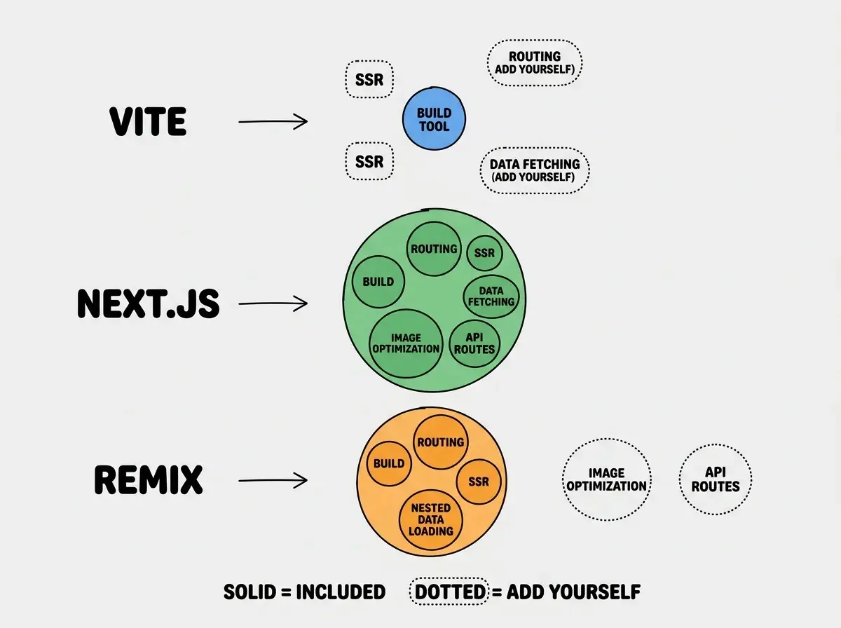EXPLAINER DIAGRAM: A three-row layout on white background comparing framework scope. Row 1 labeled VITE shows a small blue circle labeled BUILD TOOL with dotted outlines around it labeled ROUTING (add yourself), SSR (add yourself), DATA FETCHING (add yourself). Row 2 labeled NEXT.JS shows a large green circle encompassing smaller circles for BUILD, ROUTING, SSR, DATA FETCHING, IMAGE OPTIMIZATION, and API ROUTES, all filled solid. Row 3 labeled REMIX shows a medium orange circle encompassing smaller circles for BUILD, ROUTING, SSR, and NESTED DATA LOADING filled solid, with dotted outlines for IMAGE OPTIMIZATION and API ROUTES. A legend at bottom reads SOLID means INCLUDED, DOTTED means ADD YOURSELF.