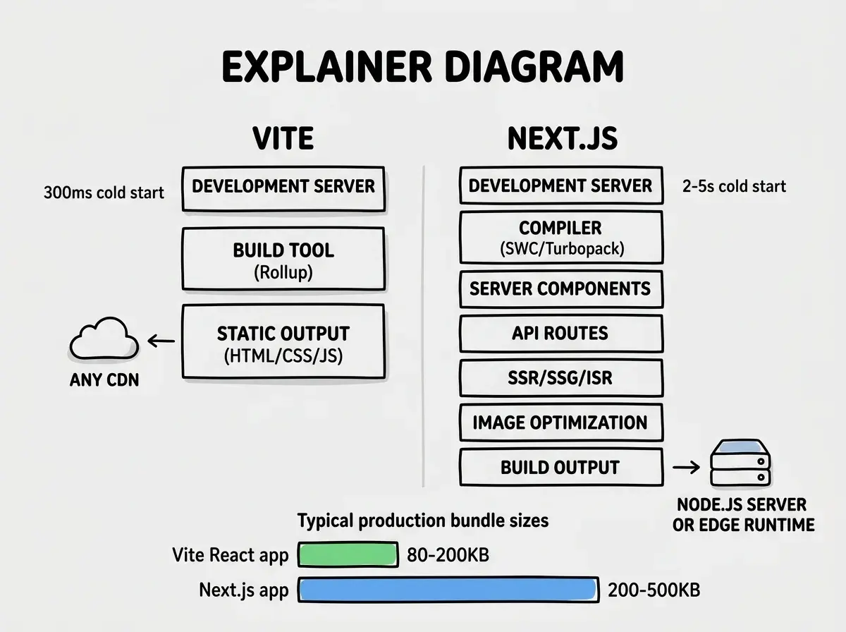 EXPLAINER DIAGRAM: A side-by-side comparison on white background. Left side labeled VITE shows a slim vertical stack of three boxes: DEVELOPMENT SERVER (with label 300ms cold start), BUILD TOOL (Rollup), and STATIC OUTPUT (HTML/CSS/JS). A small arrow from STATIC OUTPUT points to a cloud icon labeled ANY CDN. Right side labeled NEXT.JS shows a taller vertical stack of seven boxes: DEVELOPMENT SERVER (with label 2-5s cold start), COMPILER (SWC/Turbopack), SERVER COMPONENTS, API ROUTES, SSR/SSG/ISR, IMAGE OPTIMIZATION, and BUILD OUTPUT. A small arrow from BUILD OUTPUT points to a server icon labeled NODE.JS SERVER OR EDGE RUNTIME. Below both stacks, a horizontal bar chart compares typical production bundle sizes: Vite React app shows a short green bar labeled 80-200KB, Next.js app shows a longer blue bar labeled 200-500KB.