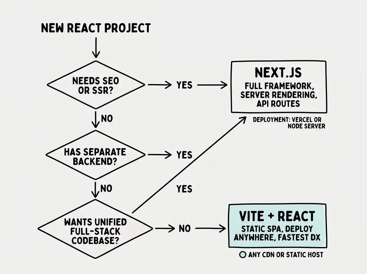 EXPLAINER DIAGRAM: A simple decision flowchart on white background. Start node at top reads NEW REACT PROJECT. First diamond reads NEEDS SEO OR SSR? YES arrow goes right to a box labeled NEXT.JS with subtitle Full framework, server rendering, API routes. NO arrow goes down to second diamond reading HAS SEPARATE BACKEND? YES arrow goes right to a box labeled VITE + REACT with subtitle Static SPA, deploy anywhere, fastest DX. NO arrow goes down to third diamond reading WANTS UNIFIED FULL-STACK CODEBASE? YES arrow goes right to NEXT.JS box. NO arrow goes right to VITE + REACT box. Both endpoint boxes have small deployment labels: NEXT.JS shows Vercel or Node server, VITE shows Any CDN or static host.