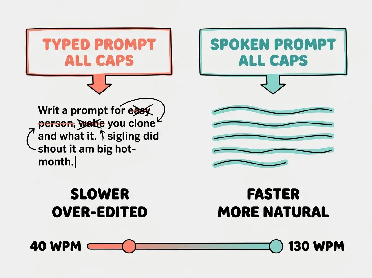 EXPLAINER DIAGRAM: A two-column comparison layout. Left column header reads TYPED PROMPT in coral. Below it a short choppy text block with crossed-out words and arrows showing edits, labeled SLOWER and OVER-EDITED. Right column header reads SPOKEN PROMPT in teal. Below it a flowing paragraph shape with smooth lines, labeled FASTER and MORE NATURAL. A horizontal bar at the bottom shows 40 WPM on the left and 130 WPM on the right with a gradient between them. Light gray background.
