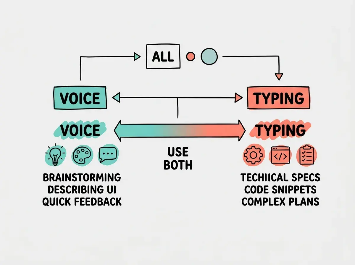 EXPLAINER DIAGRAM: A horizontal spectrum bar. The left end is labeled VOICE in teal with icons for a lightbulb, a paint palette, and a chat bubble, with text below reading BRAINSTORMING, DESCRIBING UI, QUICK FEEDBACK. The right end is labeled TYPING in coral with icons for a gear, a code bracket, and a checklist, with text below reading TECHNICAL SPECS, CODE SNIPPETS, COMPLEX PLANS. The middle area is a gradient blend labeled USE BOTH. Light gray background.