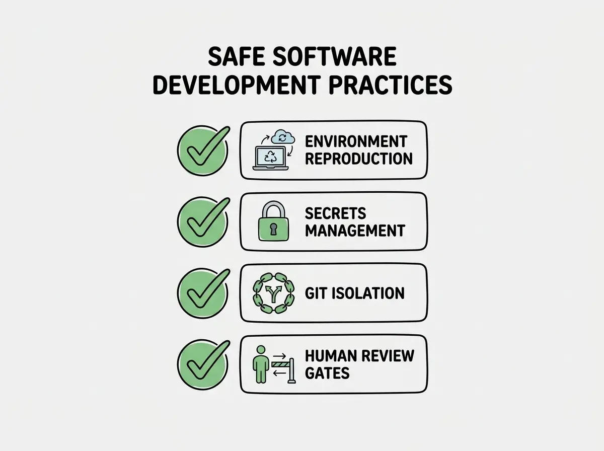 EXPLAINER DIAGRAM: A checklist showing four items Environment Reproduction, Secrets Management, Git Isolation, and Human Review Gates with checkmarks next to each.