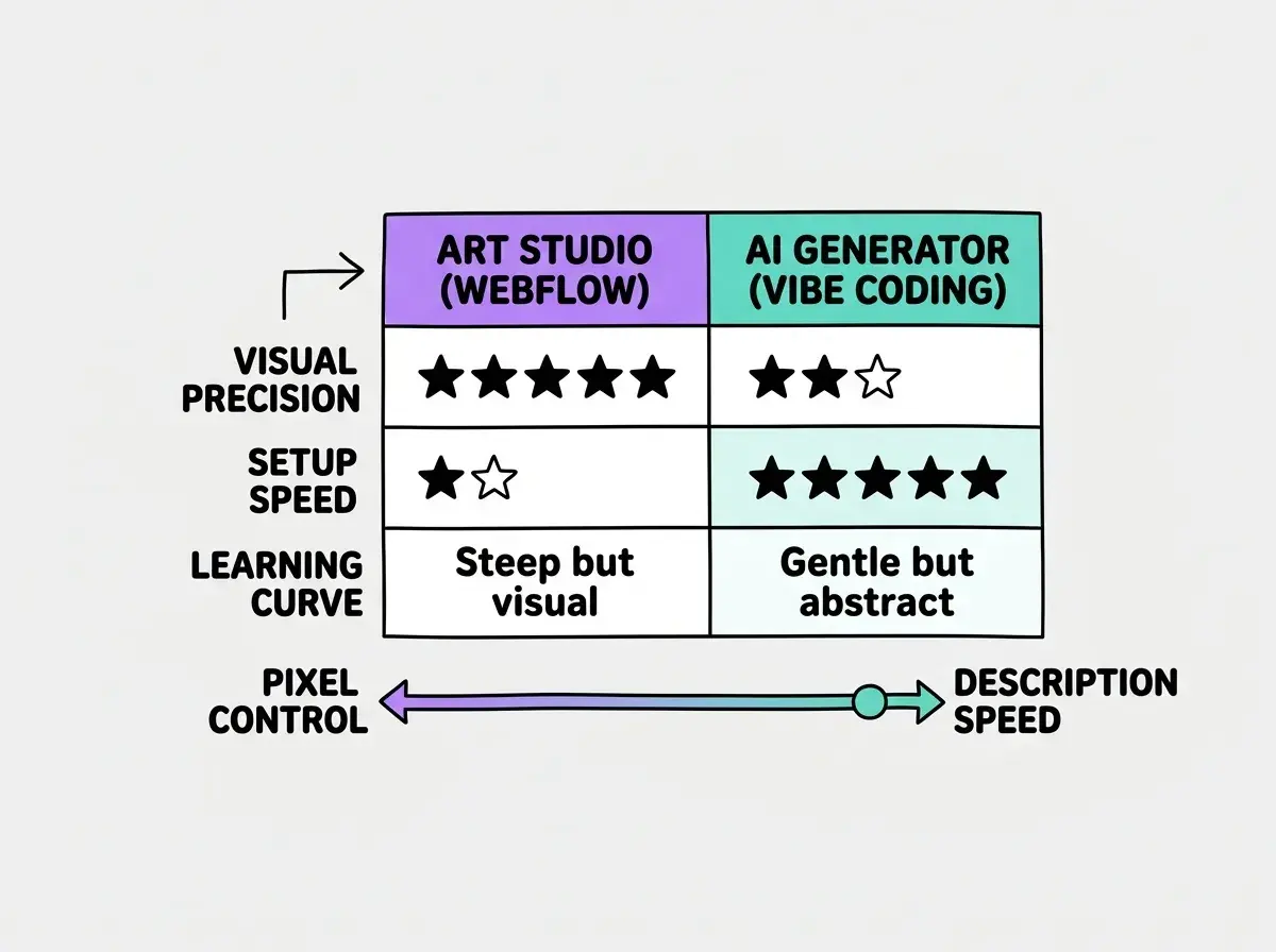 EXPLAINER DIAGRAM: A horizontal comparison chart on white background with two columns. Left column headed ART STUDIO (WEBFLOW) in purple shows three rows: VISUAL PRECISION with 5 filled stars, SETUP SPEED with 2 filled stars, LEARNING CURVE with text Steep but visual. Right column headed AI GENERATOR (VIBE CODING) in teal shows three rows: VISUAL PRECISION with 3 filled stars, SETUP SPEED with 5 filled stars, LEARNING CURVE with text Gentle but abstract. Below the chart a spectrum bar runs left to right labeled PIXEL CONTROL on the left end and DESCRIPTION SPEED on the right end.