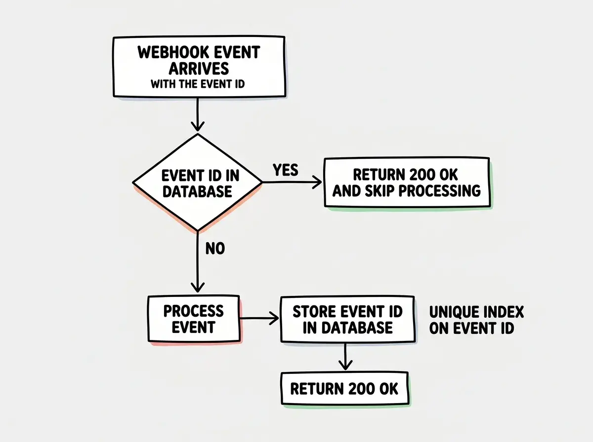 EXPLAINER DIAGRAM: A flowchart showing webhook idempotency logic. At the top, a box labeled WEBHOOK EVENT ARRIVES with the event ID visible. An arrow points down to a diamond decision box labeled EVENT ID IN DATABASE with two branches. The YES branch points right to a box labeled RETURN 200 OK and SKIP PROCESSING. The NO branch points down to a box labeled PROCESS EVENT with an arrow to a box labeled STORE EVENT ID IN DATABASE, then an arrow to a final box labeled RETURN 200 OK. A note beside the database box reads UNIQUE INDEX ON EVENT ID.