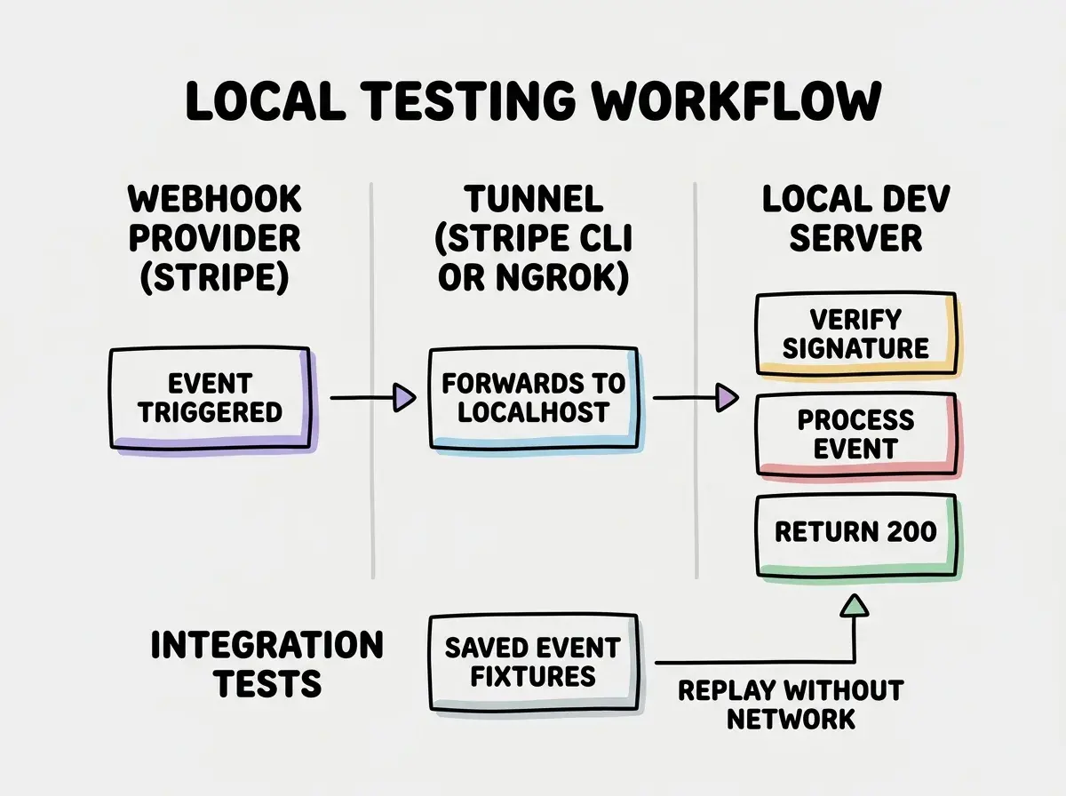 EXPLAINER DIAGRAM: A three-lane diagram showing the local testing workflow. The left lane is labeled WEBHOOK PROVIDER (STRIPE) with a box showing EVENT TRIGGERED. An arrow points right to the middle lane labeled TUNNEL (STRIPE CLI OR NGROK) with a box showing FORWARDS TO LOCALHOST. An arrow points right to the right lane labeled LOCAL DEV SERVER with three stacked boxes showing VERIFY SIGNATURE then PROCESS EVENT then RETURN 200. Below all three lanes, a separate section labeled INTEGRATION TESTS shows a box labeled SAVED EVENT FIXTURES with an arrow pointing directly to the right lane, bypassing the tunnel, with a label REPLAY WITHOUT NETWORK.