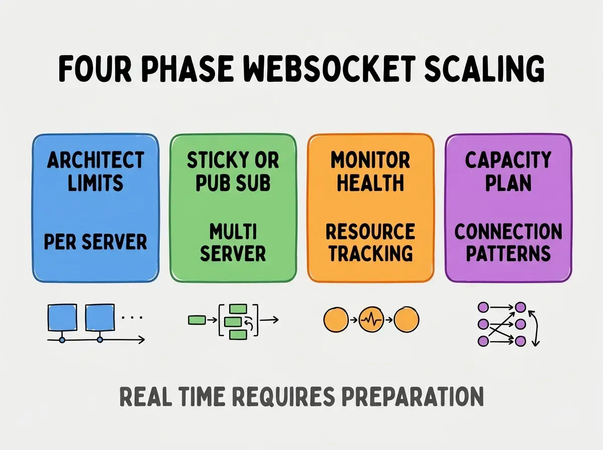 Clean modern flat infographic on light gray background. Top center title bold black sans-serif: FOUR PHASE WEBSOCKET SCALING. Single horizontal row with four equal sized colored rounded rectangle cards. Card 1 blue background two lines ARCHITECT LIMITS and PER SERVER. Card 2 green background two lines STICKY OR PUB SUB and MULTI SERVER. Card 3 orange background two lines MONITOR HEALTH and RESOURCE TRACKING. Card 4 purple background two lines CAPACITY PLAN and CONNECTION PATTERNS. Below the row a single footer line in dark gray text: REAL TIME REQUIRES PREPARATION. No other text. No duplicated text anywhere.