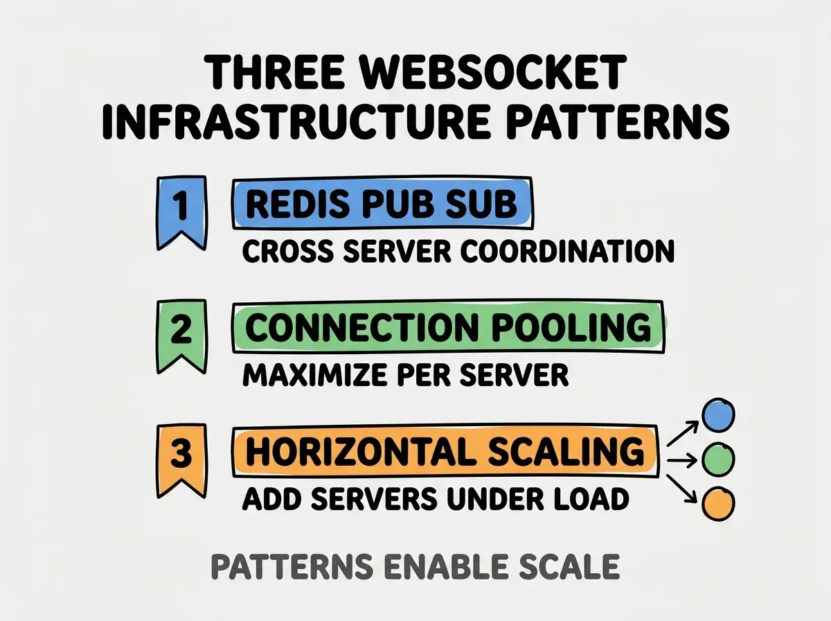 Clean modern flat infographic on light gray background. Top title bold black: THREE WEBSOCKET INFRASTRUCTURE PATTERNS. Single vertical numbered list with three rows. Row 1 blue badge REDIS PUB SUB with subtitle CROSS SERVER COORDINATION. Row 2 green badge CONNECTION POOLING with subtitle MAXIMIZE PER SERVER. Row 3 orange badge HORIZONTAL SCALING with subtitle ADD SERVERS UNDER LOAD. Footer text dark gray: PATTERNS ENABLE SCALE. Each label appears exactly once. No duplicated text.