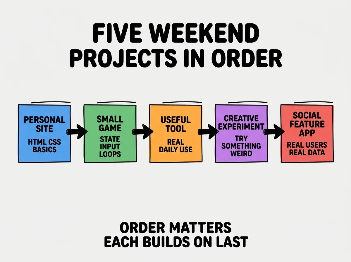EXPLAINER DIAGRAM titled FIVE WEEKEND PROJECTS IN ORDER shown as a horizontal five-stage pipeline on a slate background. Stage 1 colored blue PERSONAL SITE sublabel HTML CSS BASICS. Stage 2 colored green SMALL GAME sublabel STATE INPUT LOOPS. Stage 3 colored orange USEFUL TOOL sublabel REAL DAILY USE. Stage 4 colored purple CREATIVE EXPERIMENT sublabel TRY SOMETHING WEIRD. Stage 5 colored red SOCIAL FEATURE APP sublabel REAL USERS REAL DATA. Footer reads ORDER MATTERS EACH BUILDS ON LAST.