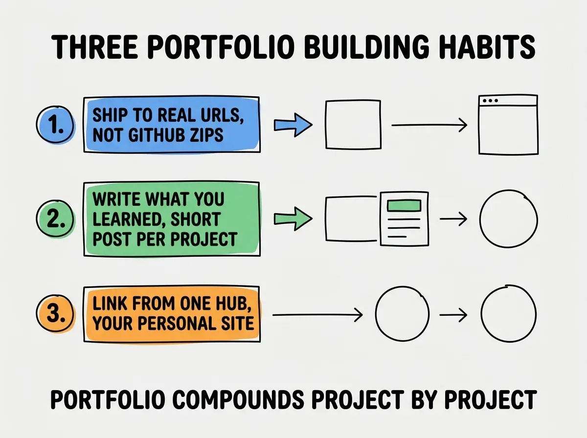 EXPLAINER DIAGRAM titled THREE PORTFOLIO BUILDING HABITS shown as a vertical numbered list on a slate background. Three rows. Row 1 blue badge SHIP TO REAL URLS sublabel NOT GITHUB ZIPS. Row 2 green badge WRITE WHAT YOU LEARNED sublabel SHORT POST PER PROJECT. Row 3 orange badge LINK FROM ONE HUB sublabel YOUR PERSONAL SITE. Footer reads PORTFOLIO COMPOUNDS PROJECT BY PROJECT.