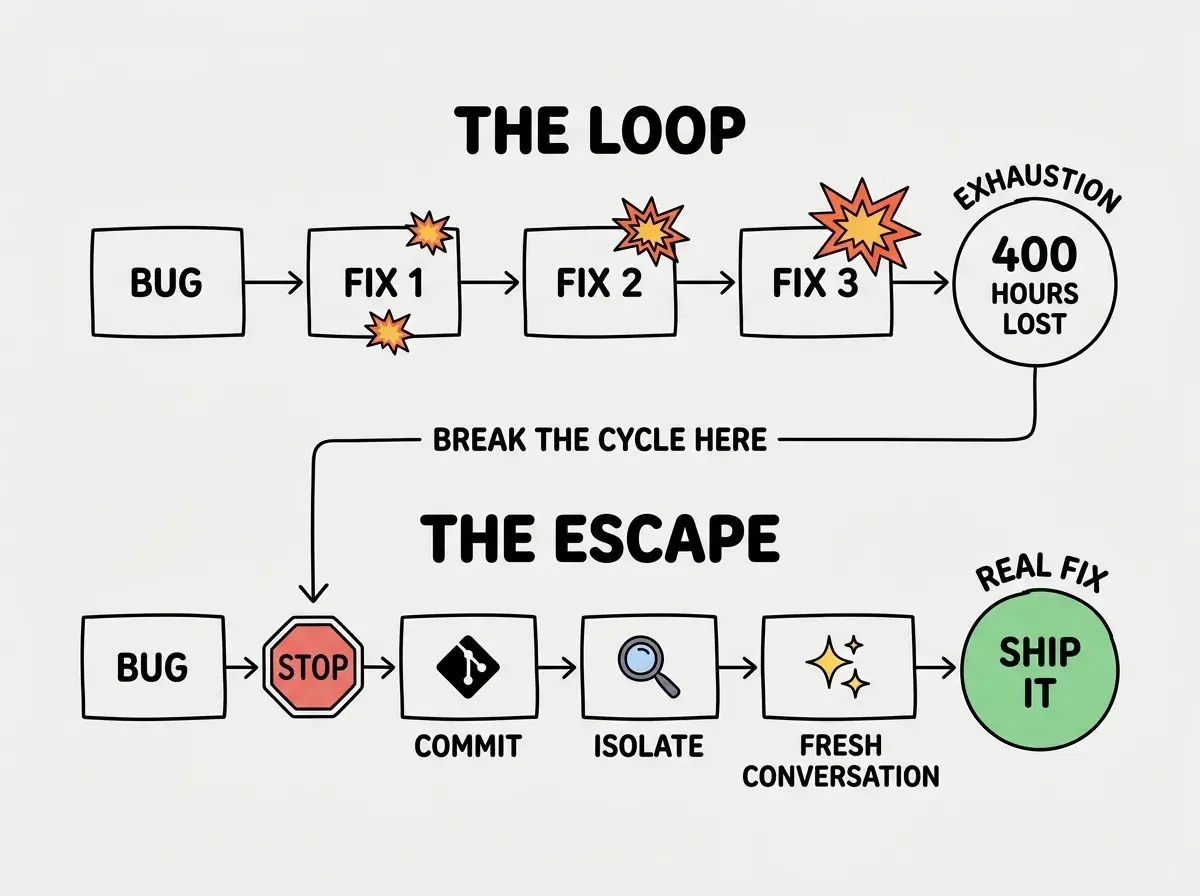 EXPLAINER DIAGRAM: A vertical comparison showing two workflows. The top workflow labeled THE LOOP shows a linear chain of boxes: BUG, then FIX 1 with a small explosion icon, then FIX 2 with a bigger explosion, then FIX 3 with an even bigger explosion, ending in a circle labeled EXHAUSTION with the text 400 HOURS LOST. The bottom workflow labeled THE ESCAPE shows: BUG, then a STOP sign, then COMMIT (with a git icon), then ISOLATE (with a magnifying glass), then FRESH CONVERSATION (with a sparkle icon), then a green circle labeled REAL FIX with the text SHIP IT. An arrow from the top workflow points down to the STOP sign in the bottom workflow, labeled BREAK THE CYCLE HERE.
