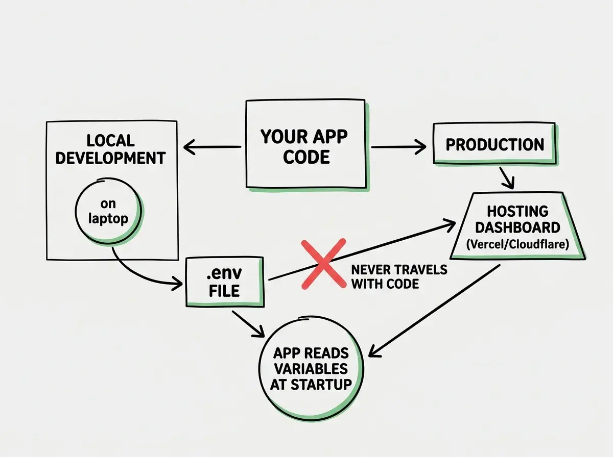 EXPLAINER DIAGRAM: A flowchart with two paths branching from a central box labeled YOUR APP CODE. The left path is labeled LOCAL DEVELOPMENT and shows an arrow pointing down to a file icon labeled .env FILE on your laptop. The right path is labeled PRODUCTION and shows an arrow pointing down to a cloud dashboard icon labeled HOSTING DASHBOARD showing Vercel or Cloudflare. Both paths converge at a bottom box labeled APP READS VARIABLES AT STARTUP. A red X icon sits over a direct arrow from .env FILE to PRODUCTION with the label NEVER TRAVELS WITH CODE.