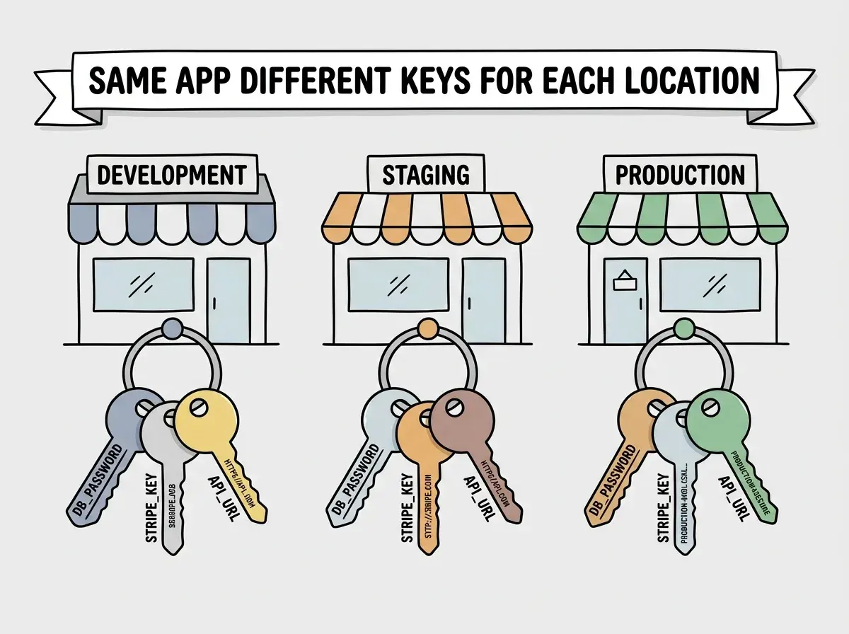 EXPLAINER DIAGRAM: Three columns labeled DEVELOPMENT, STAGING, and PRODUCTION, each styled like a storefront. Under each storefront is a key ring icon with labeled keys. The DEVELOPMENT key ring shows DB_PASSWORD set to test123, STRIPE_KEY set to sk_test, and API_URL set to localhost. The STAGING key ring shows DB_PASSWORD set to staging_pass, STRIPE_KEY set to sk_test, and API_URL set to staging.myapp.com. The PRODUCTION key ring shows DB_PASSWORD set to a redacted strong password, STRIPE_KEY set to sk_live, and API_URL set to myapp.com. A banner across the top reads SAME APP AND DIFFERENT KEYS FOR EACH LOCATION.
