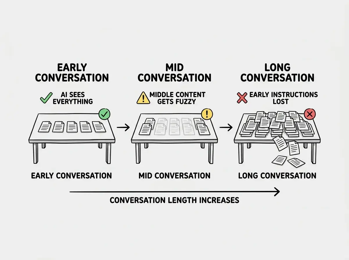 EXPLAINER DIAGRAM: A side view of a desk shown in three stages from left to right. Stage 1 labeled EARLY CONVERSATION shows a clean desk with 5 neatly stacked papers, all visible, with a green checkmark and the text AI SEES EVERYTHING. Stage 2 labeled MID CONVERSATION shows the desk with 15 papers stacked up, middle papers slightly faded, with a yellow warning icon and the text MIDDLE CONTENT GETS FUZZY. Stage 3 labeled LONG CONVERSATION shows the desk overflowing with 30 papers, the bottom papers falling off the edge, with a red X and the text EARLY INSTRUCTIONS LOST. An arrow below all three stages reads CONVERSATION LENGTH INCREASES.
