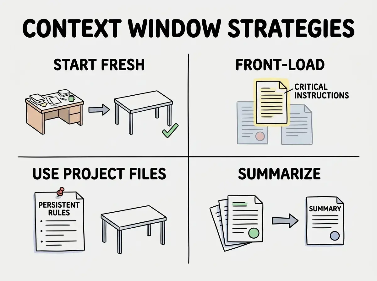 EXPLAINER DIAGRAM: A four-quadrant grid with a header reading CONTEXT WINDOW STRATEGIES. Top-left quadrant labeled START FRESH shows two desks, one cluttered with an arrow pointing to one clean with a few papers and a green checkmark. Top-right quadrant labeled FRONT-LOAD shows a desk with a highlighted paper on top labeled CRITICAL INSTRUCTIONS and dimmer papers below. Bottom-left quadrant labeled USE PROJECT FILES shows a pinned document icon labeled PERSISTENT RULES alongside a clean desk. Bottom-right quadrant labeled SUMMARIZE shows a stack of many papers with an arrow pointing to a single condensed paper labeled SUMMARY.