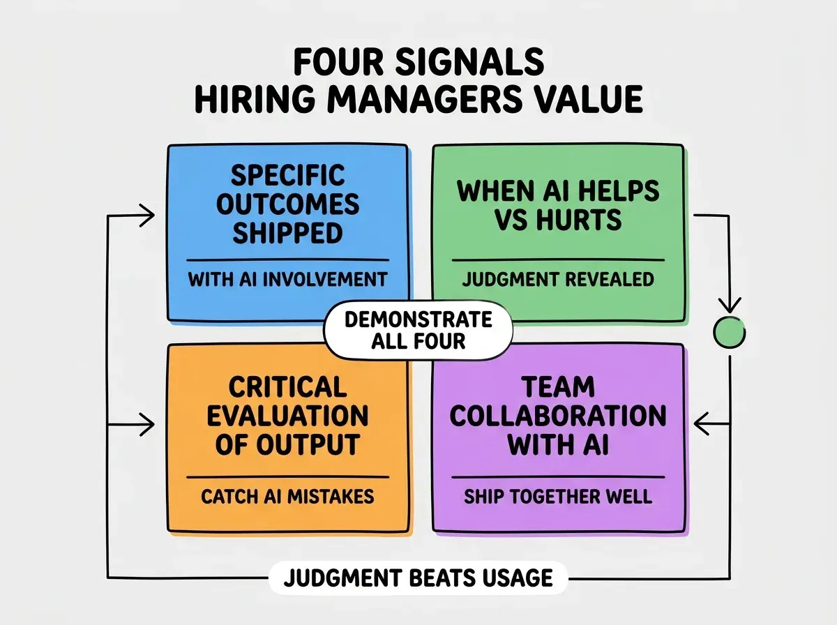EXPLAINER DIAGRAM titled FOUR SIGNALS HIRING MANAGERS VALUE shown as a 2x2 grid of quadrants on a slate background. Top left blue SPECIFIC OUTCOMES SHIPPED sublabel WITH AI INVOLVEMENT. Top right green WHEN AI HELPS VS HURTS sublabel JUDGMENT REVEALED. Bottom left orange CRITICAL EVALUATION OF OUTPUT sublabel CATCH AI MISTAKES. Bottom right purple TEAM COLLABORATION WITH AI sublabel SHIP TOGETHER WELL. Center label DEMONSTRATE ALL FOUR. Footer reads JUDGMENT BEATS USAGE.