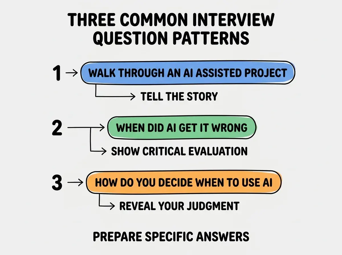 EXPLAINER DIAGRAM titled THREE COMMON INTERVIEW QUESTION PATTERNS shown as a vertical numbered list on a slate background. Three rows. Row 1 blue badge WALK THROUGH AN AI ASSISTED PROJECT sublabel TELL THE STORY. Row 2 green badge WHEN DID AI GET IT WRONG sublabel SHOW CRITICAL EVALUATION. Row 3 orange badge HOW DO YOU DECIDE WHEN TO USE AI sublabel REVEAL YOUR JUDGMENT. Footer reads PREPARE SPECIFIC ANSWERS. Modern flat design.