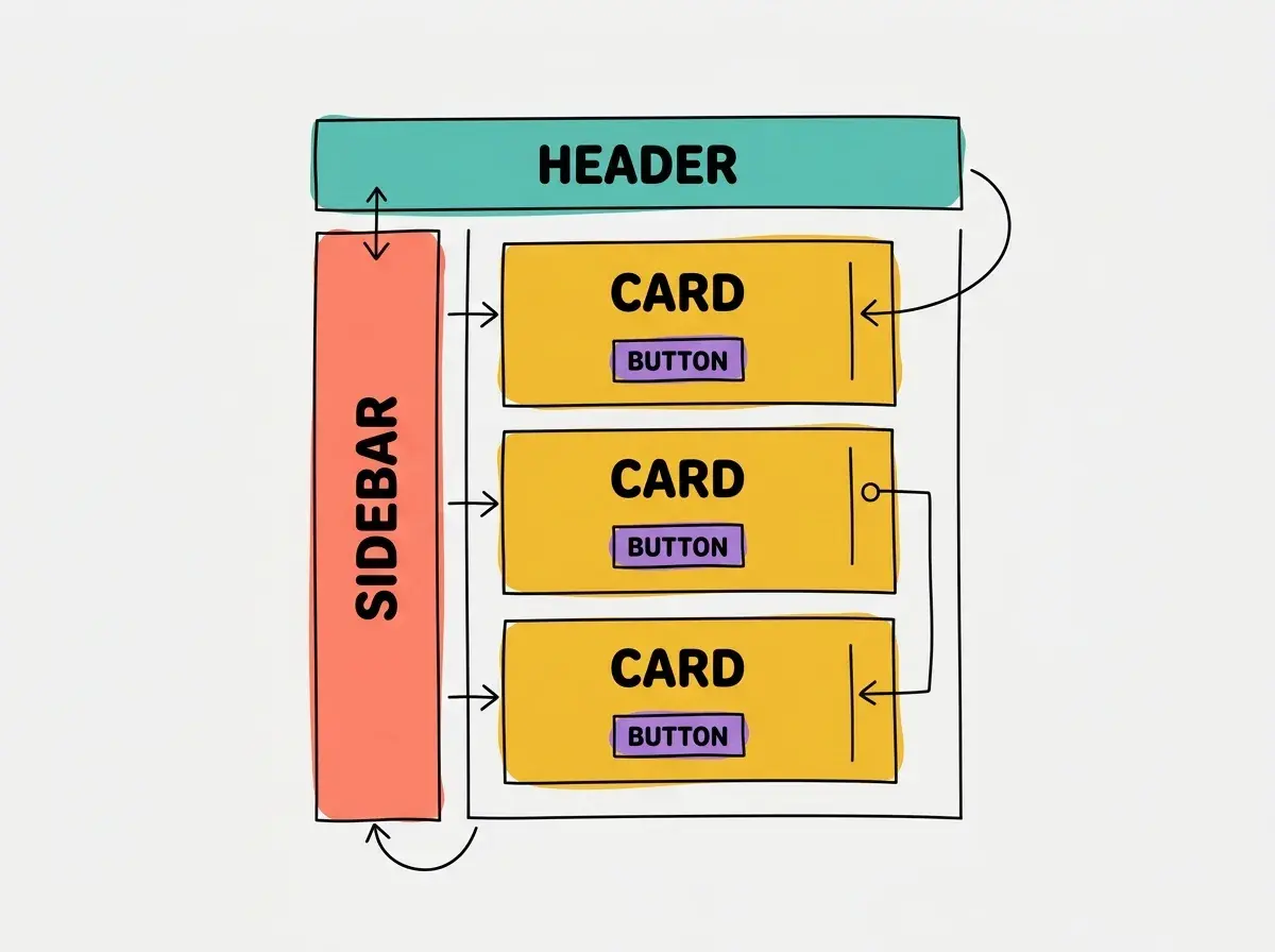 Explainer diagram of a simple app broken into labeled component boxes. At the top, a wide teal rectangle labeled HEADER contains two smaller boxes: LOGO on the left and NAV MENU on the right. Below, the layout splits into two columns: a narrow coral rectangle on the left labeled SIDEBAR with stacked FILTER and SORT boxes inside, and a wider main area on the right containing a 2x2 grid of rounded purple rectangles each labeled CARD. Inside each CARD, a small yellow rectangle labeled BUTTON sits at the bottom. Thin gray arrows point from the HEADER down to the SIDEBAR and CARD grid, showing the nesting hierarchy.