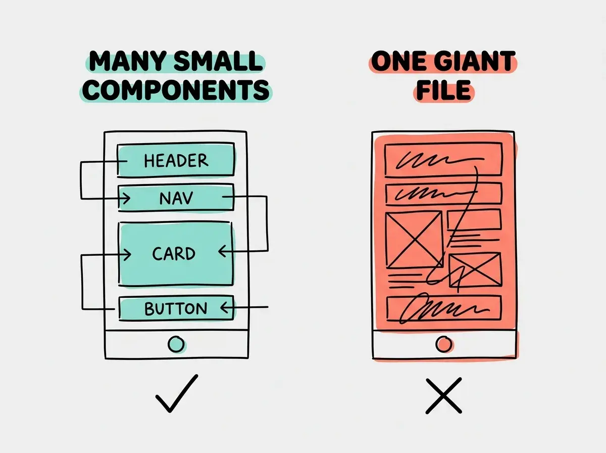 Comparison diagram split into two halves. Left side labeled GOOD in teal shows five small, evenly sized rounded rectangles stacked vertically, each labeled with a single purpose: PROFILE HEADER, AVATAR, BIO TEXT, EDIT BUTTON, SOCIAL LINKS. Right side labeled AVOID in coral shows one large rectangle labeled MEGA COMPONENT containing all five purposes crammed together with tangled lines connecting them. A green checkmark sits above the left side and a red X above the right side.
