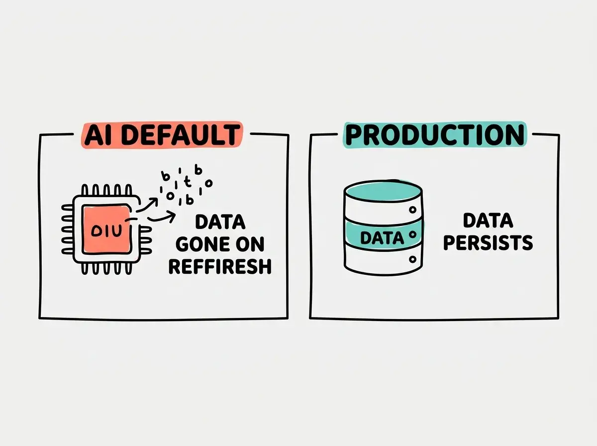Explainer diagram with two sides: left side labeled AI DEFAULT shows a memory chip icon with data items floating away and the text 'Data stored in memory, vanishes on restart'; right side labeled PRODUCTION shows a database cylinder icon with data items locked inside and the text 'Data persisted in database, survives restarts and deploys'