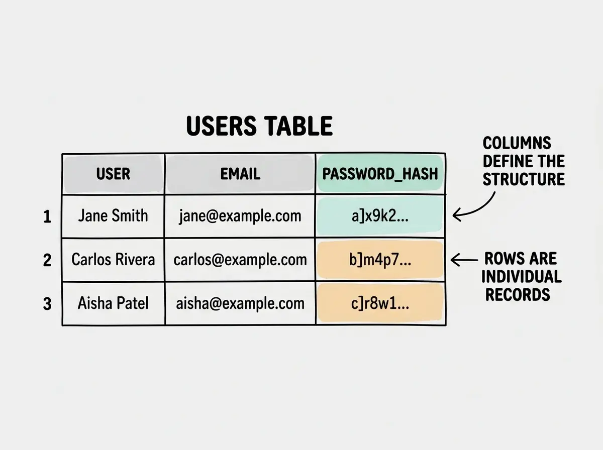 Explainer diagram of a USERS TABLE with three columns labeled USER, EMAIL, and PASSWORD_HASH, containing three example rows of sample data, with annotations pointing out that columns define the structure and rows are individual records