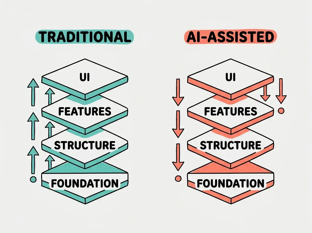 Two building approaches compared: TRADITIONAL builds foundation-up in teal, AI-ASSISTED builds UI-first then fills in structure in coral