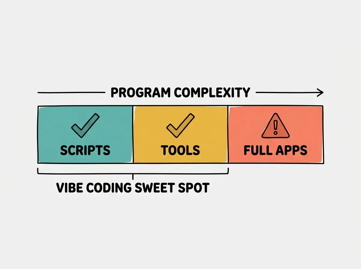 Horizontal complexity bar with three zones: SCRIPTS (checkmark, teal), TOOLS (checkmark, yellow), FULL APPS (caution, coral). Bracket shows vibe coding sweet spot over first two zones.