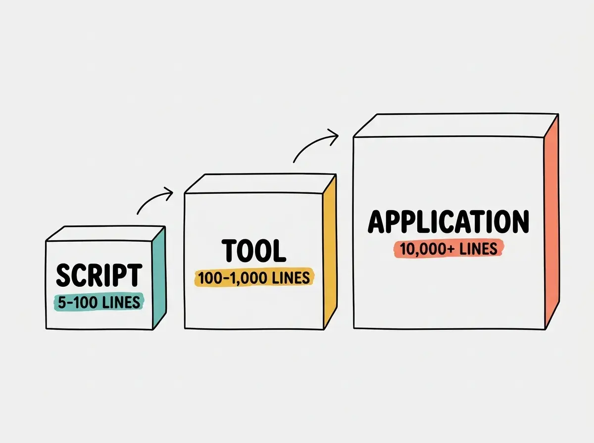 Three boxes increasing in size: small SCRIPT box (5-100 lines) in teal, medium TOOL box (100-1,000 lines) in yellow, large APPLICATION box (10,000+ lines) in coral