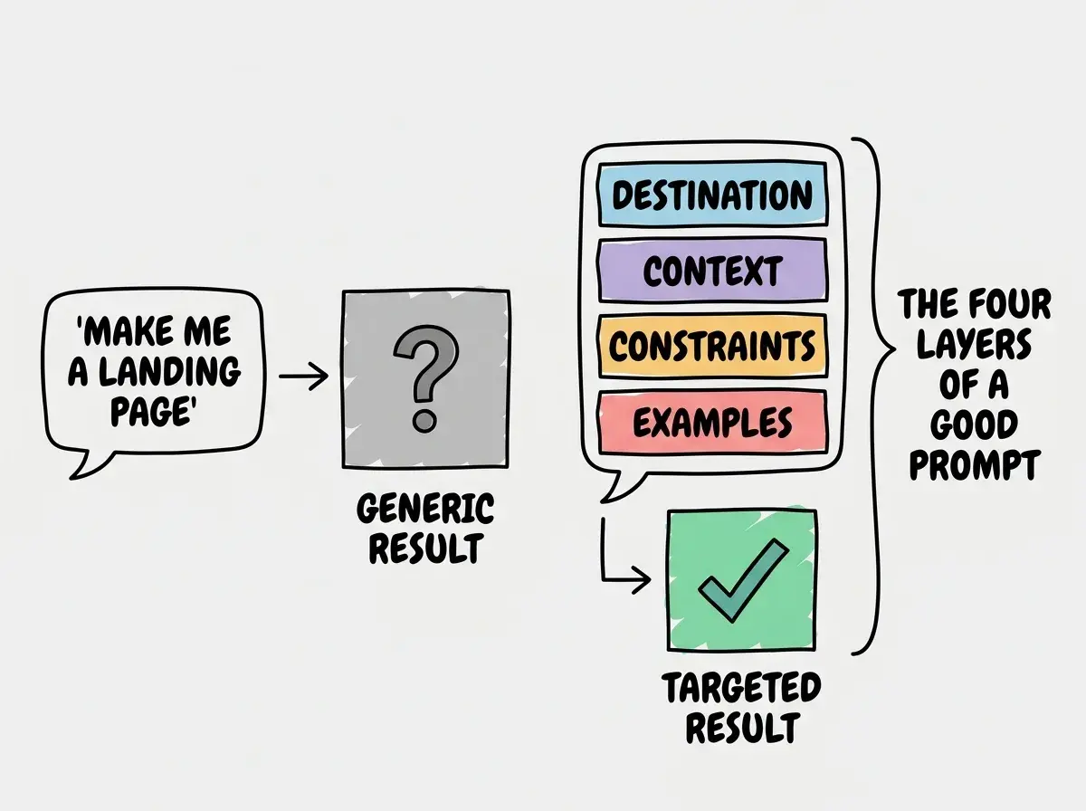 EXPLAINER DIAGRAM: A side-by-side comparison with two columns. Left column labeled VAGUE PROMPT shows a speech bubble containing 'Make me a landing page' with an arrow pointing down to a gray wireframe box labeled GENERIC RESULT with a question mark inside. Right column labeled SPECIFIC PROMPT shows a speech bubble containing four labeled sections stacked vertically: DESTINATION reading 'landing page for PawPals dog walking app,' CONTEXT reading 'busy professionals, urban areas,' CONSTRAINTS reading 'warm oranges and creams, friendly tone,' and EXAMPLES reading 'three feature cards, two pricing tiers.' An arrow points down to a colorful wireframe labeled TARGETED RESULT with a checkmark inside. A bracket on the right groups the four sections and reads THE FOUR LAYERS OF A GOOD PROMPT.